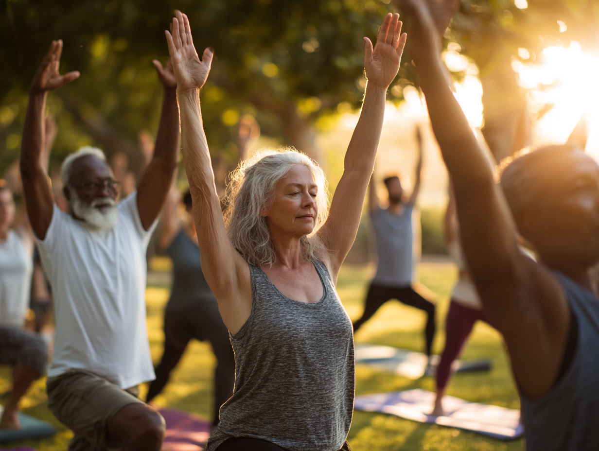 Група людей різного віку займаються йогою на свіжому повітрі